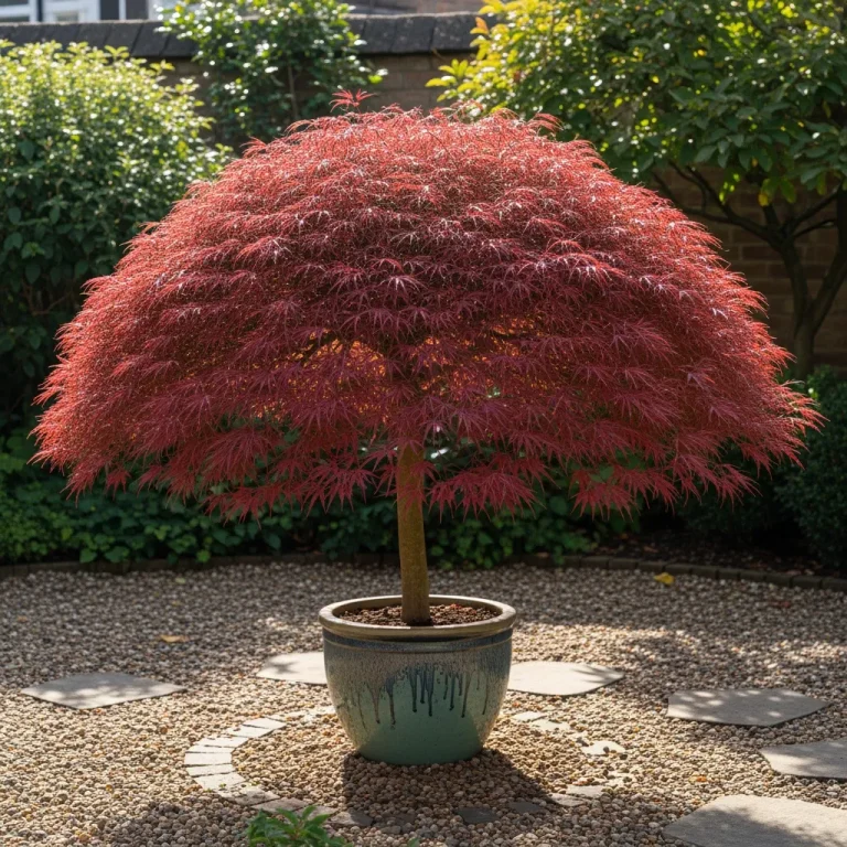 Érable du Japon nain en pot, feuillage rouge d’automne