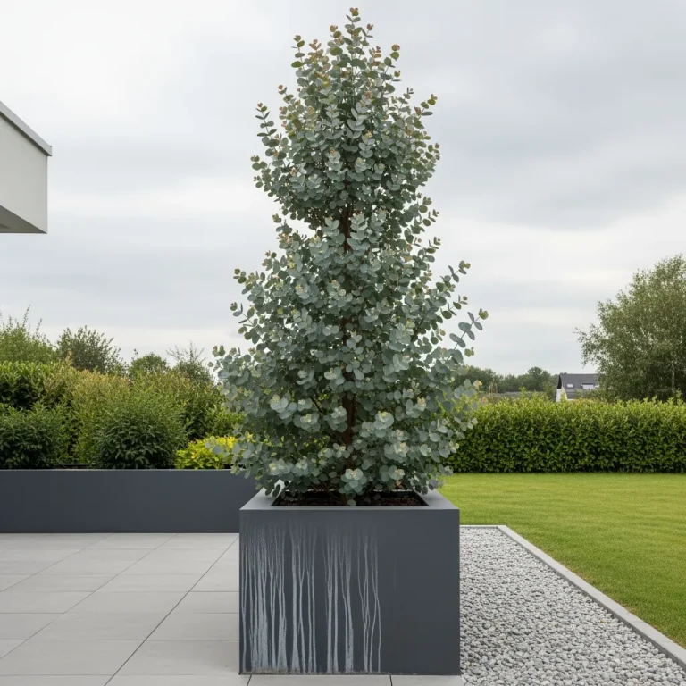 Eucalyptus compact en pot, feuilles bleu gris arrondies