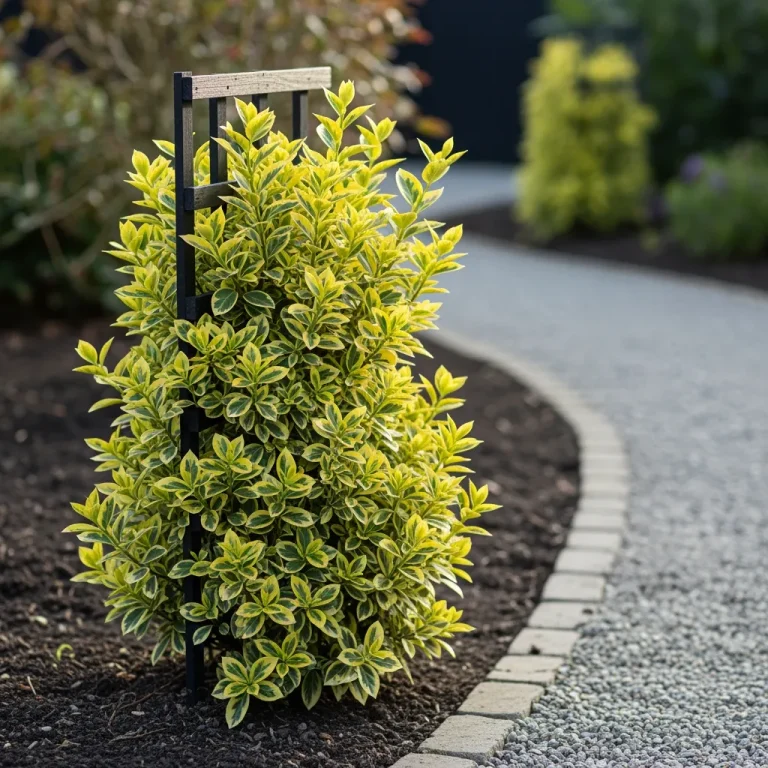 Fusain fortunei panaché palissé sur treillis le long d’un chemin