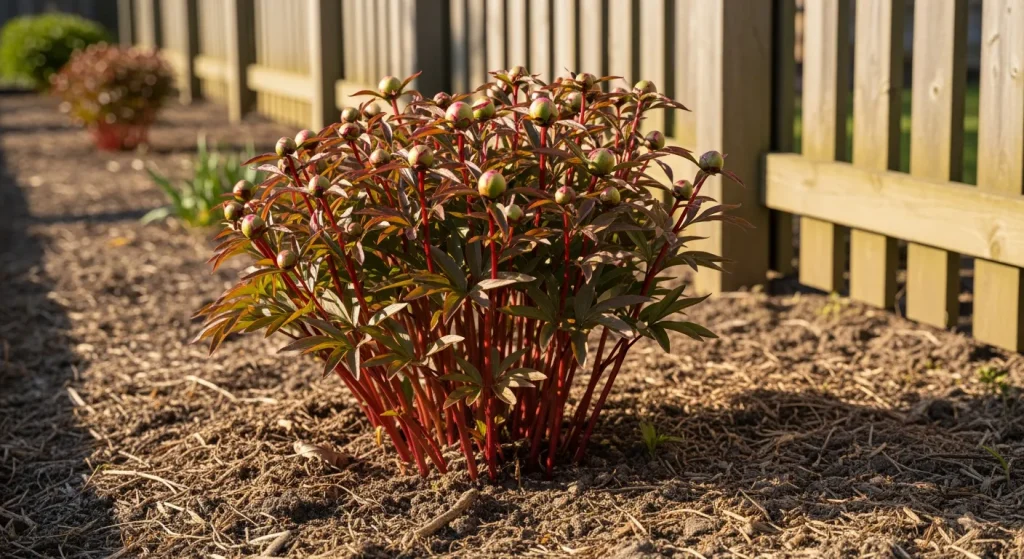 Pivoine en boutons dans une bordure ensoleillée, sol drainant