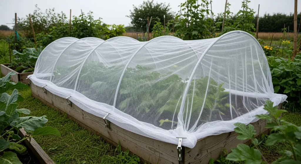 Filet anti-insectes tendu sur arceaux protégeant des choux au potager