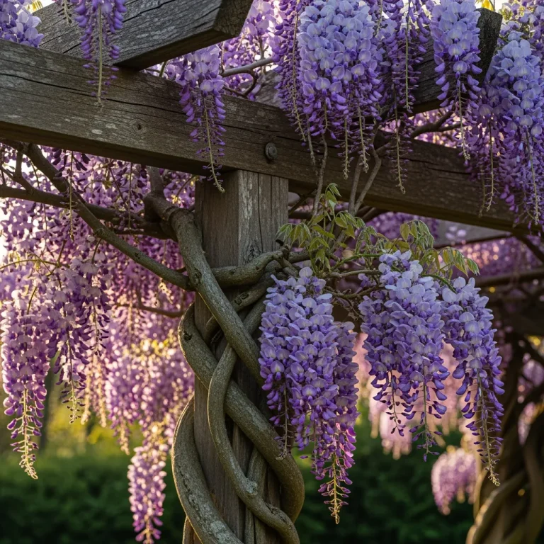 Longues grappes lilas de glycine suspendues sous une pergola en bois
