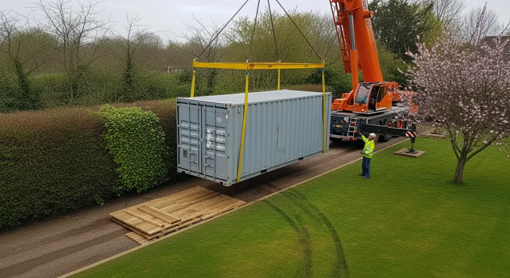 Grue déposant un conteneur 20 pieds dans un jardin