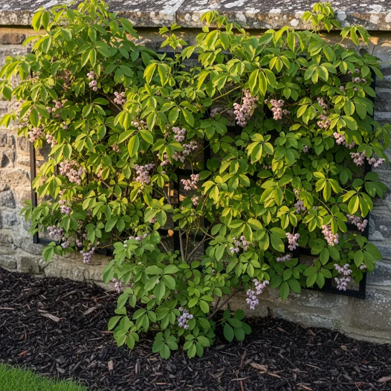Holboellia aux feuilles trifoliées et grappes fleuries sur mur abrité
