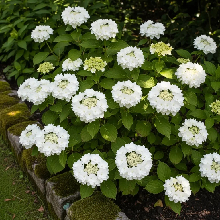 Lacecap blanc de ‘Wedding Gown’ au feuillage vert lustré