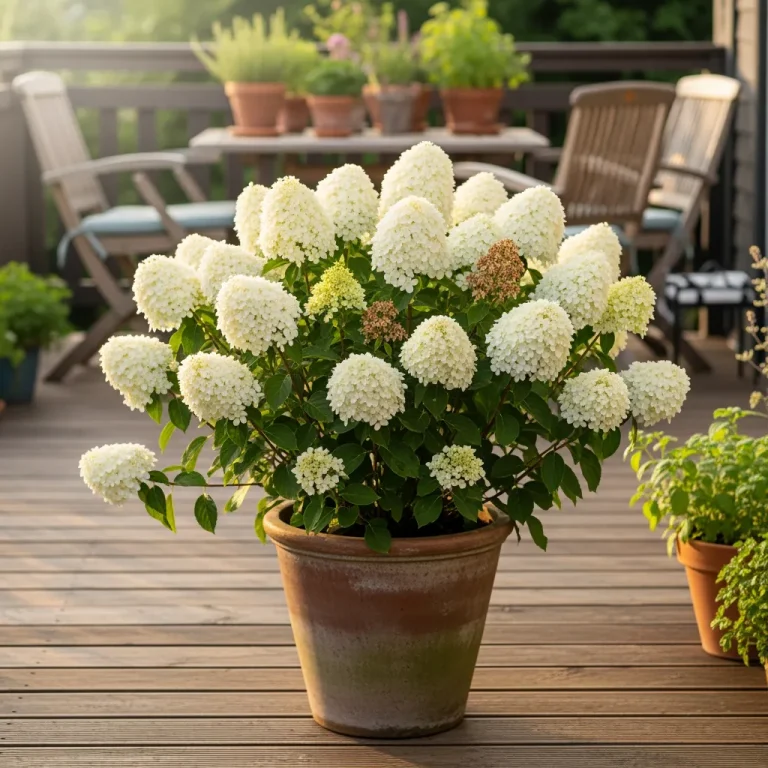 Hydrangea ‘Bobo’ en pot avec panicules blanches compactes