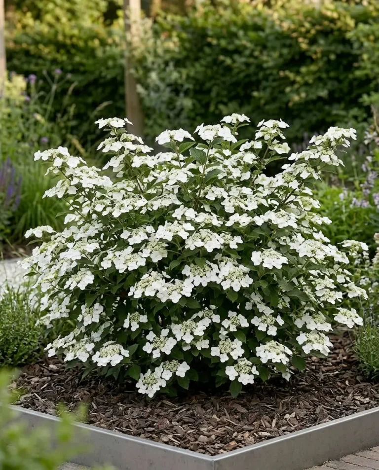 Hydrangea ‘Runaway Bride’ aux fleurs blanches le long des tiges