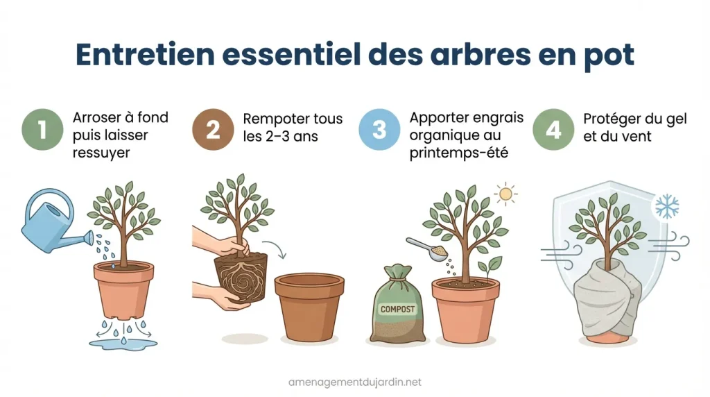 Infographie entretien des arbres en pot en quatre étapes claires
