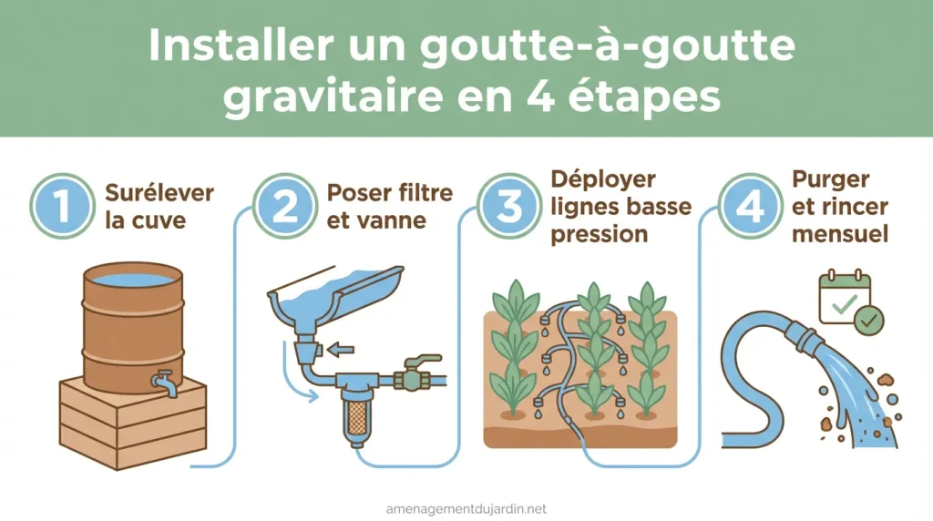 Schéma en 4 étapes pour un arrosage goutte-à-goutte gravitaire