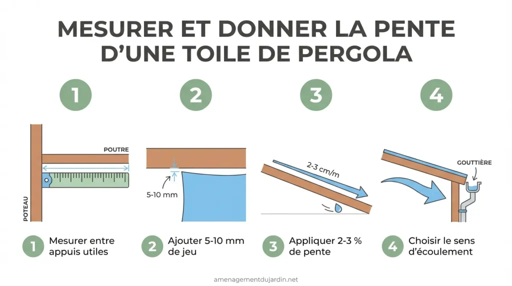 Infographie mesures et pente recommandée pour toile de pergola