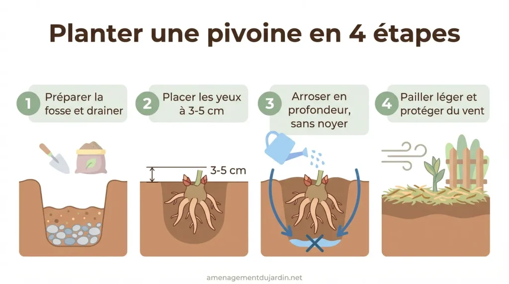 Schéma des étapes clés pour planter une pivoine