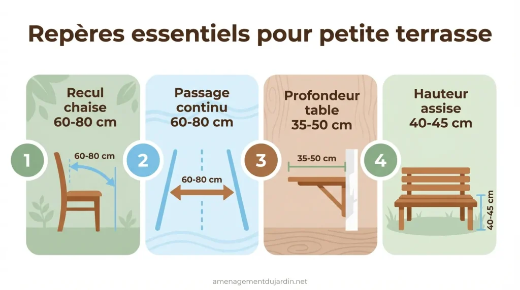 Infographie avec dimensions clés pour circulation et assise