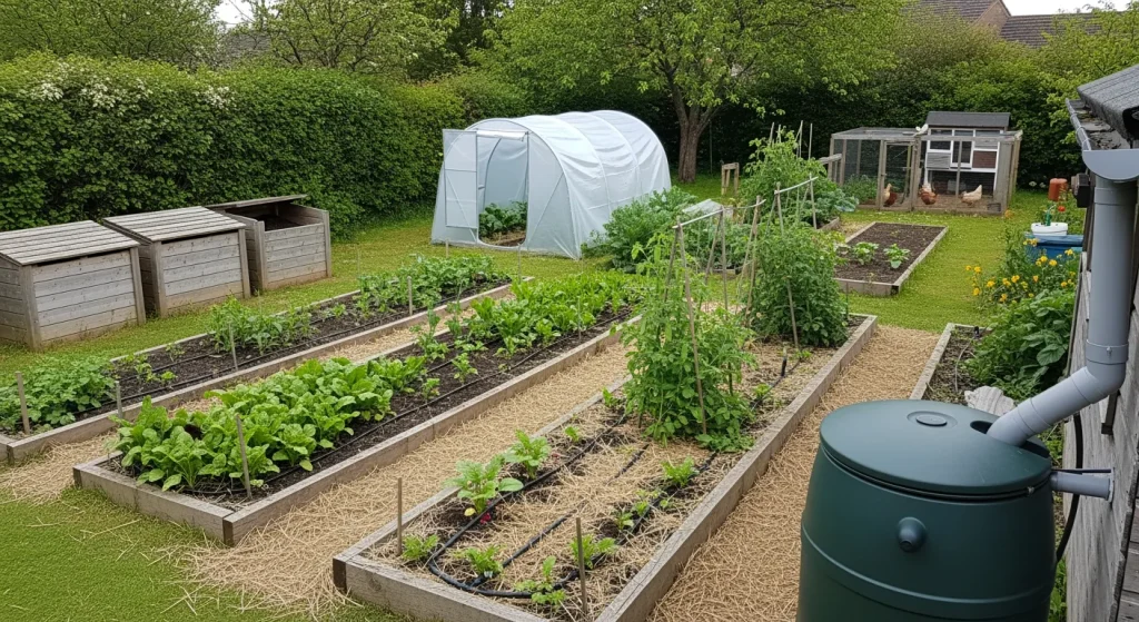 Potager familial avec cuve, serre tunnel, compost et poulailler