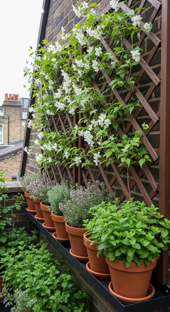 Treillis avec jasmin et étagères d’aromatiques sur mur