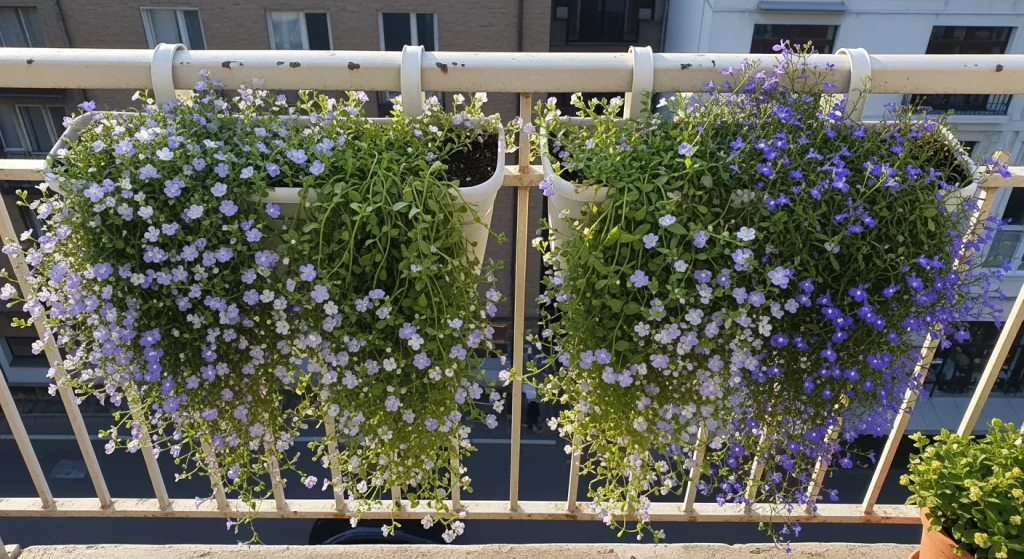 Balconnières avec bacopa et lobélies sur garde-corps