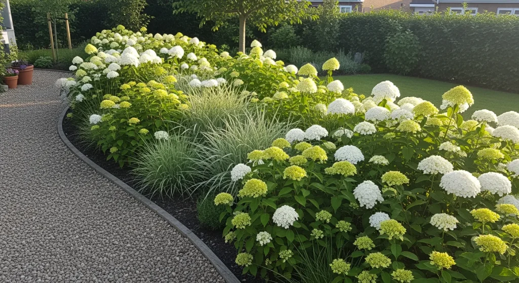 Massif estival avec hydrangeas blancs et allée en gravier