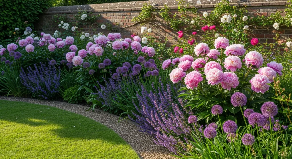 Massif de pivoines roses en fleurs dans un jardin