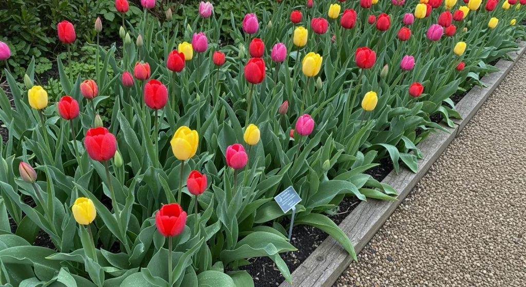 Bordure de tulipes rouges, roses et jaunes au printemps