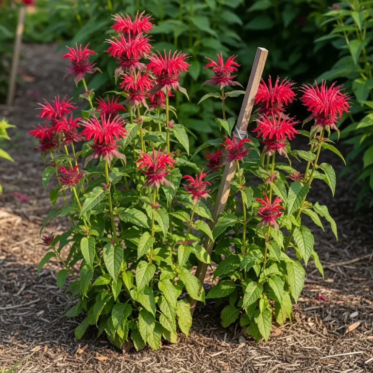 Inflorescences rouges échevelées de monarde sur tiges hautes