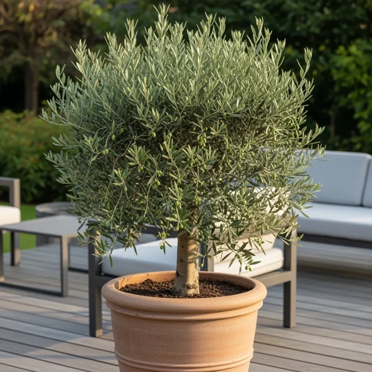 Olivier nain en pot, feuillage argenté et olives naissantes