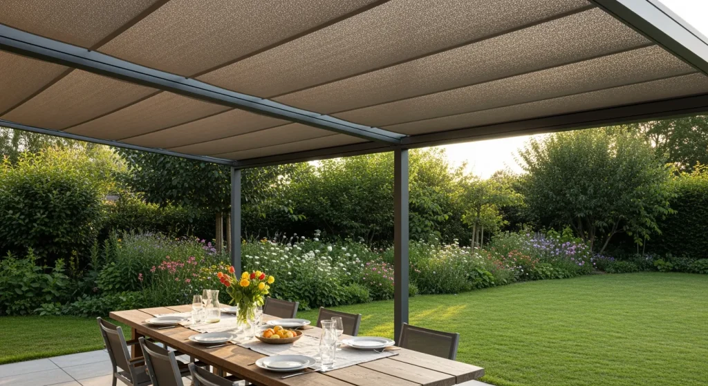 Espace repas sous toile taupe avec ombre douce et antireflets