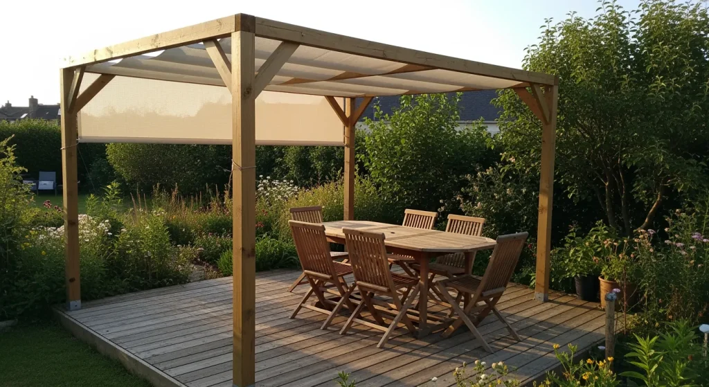 Pergola bois avec toile micro-perforée ombrageant la terrasse