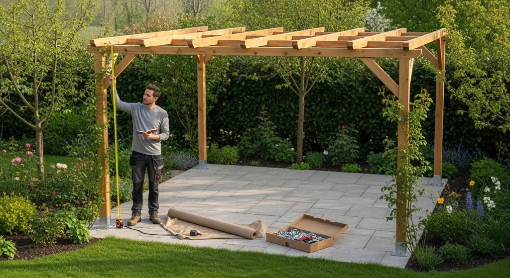 Mesure au mètre ruban pour bâche et toile pour pergola