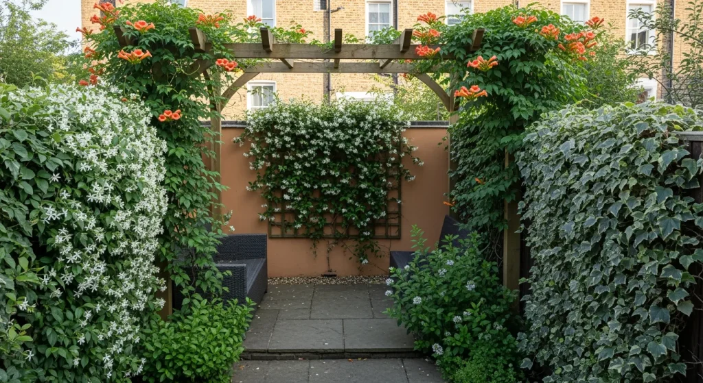 Terrasse avec jasmin étoilé, lierre et bignone couvrant murs et pergola