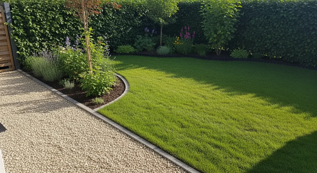 Gravier contenu par une bordure le long d’une pelouse