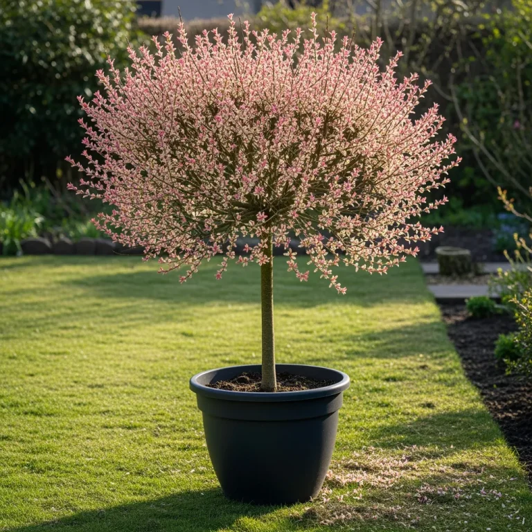 Saule crevette en pot, jeunes feuilles panachées rosées