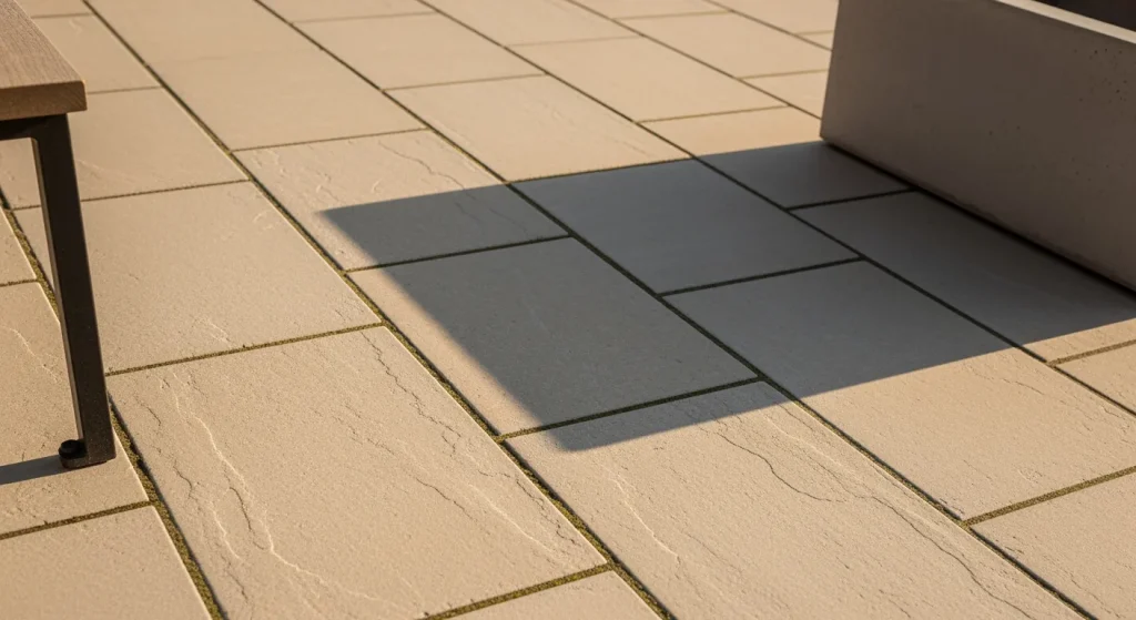 Dalles 60x120 claires posées avec joints fins sur terrasse
