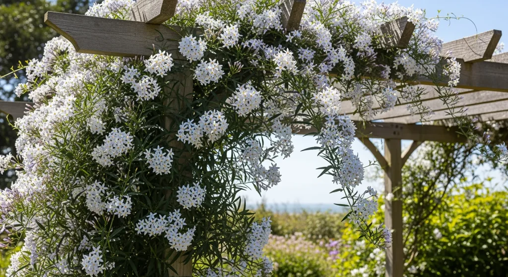 Solanum jasminoides aux fleurs étoilées blanches couvrant une pergola
