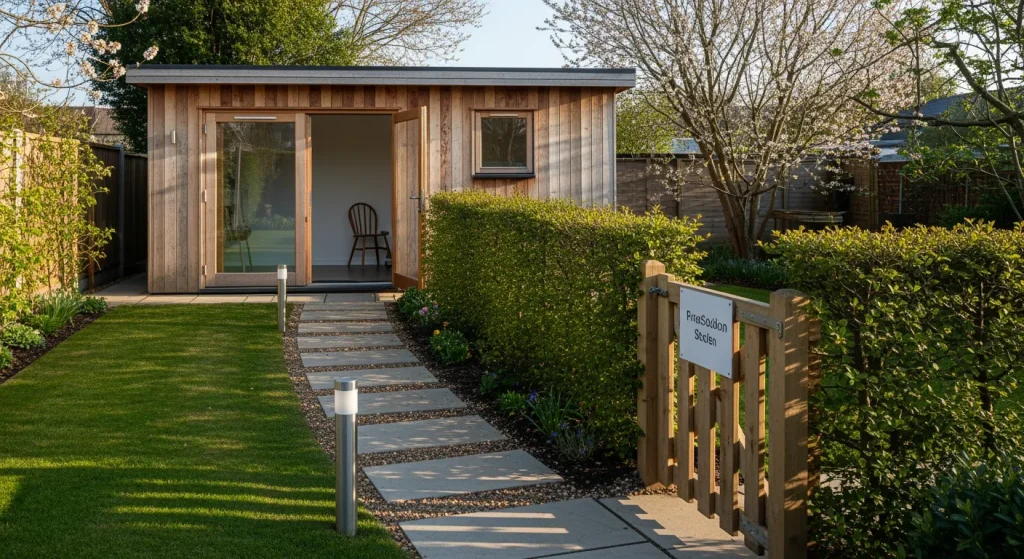 Chemin balisé vers un cabinet professionnel dans le jardin