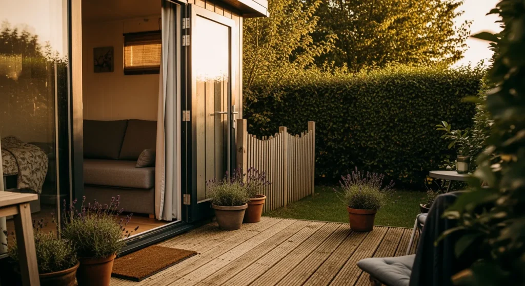 Studio d’amis lumineux avec terrasse bois et haie