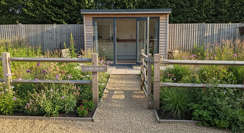Accès gravillonné vers studio meublé discret dans le jardin