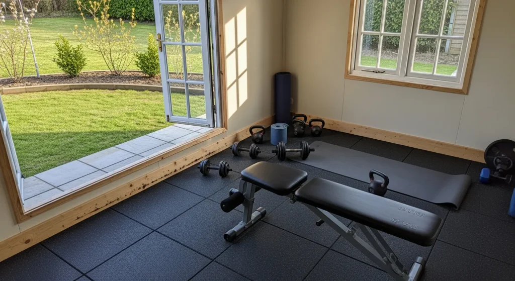 Salle de sport compacte avec tapis et fenêtre sur jardin