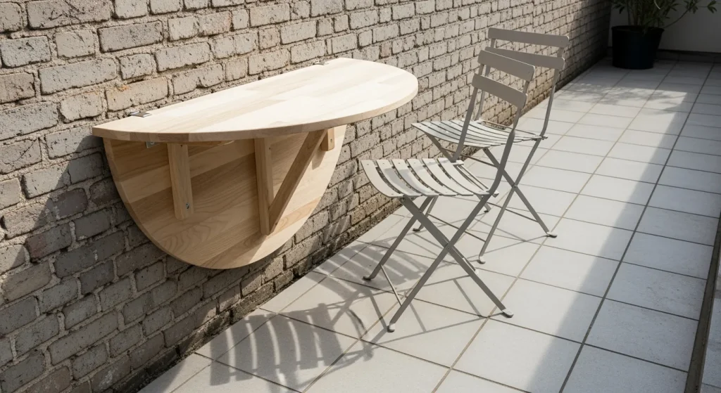 Table rabattable demi-lune et chaises pliantes sur terrasse