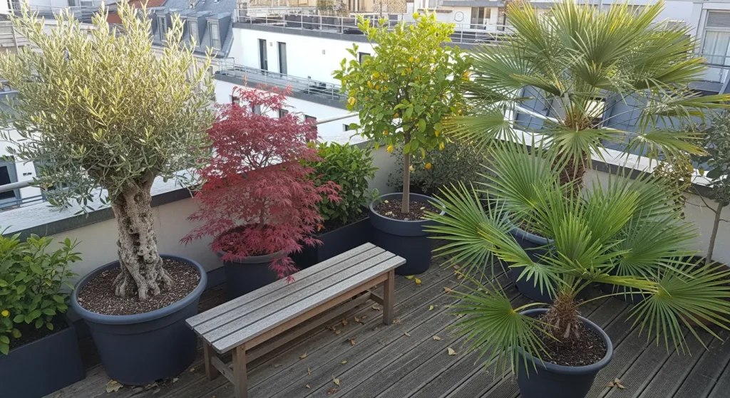 Terrasse avec olivier, érable, citronnier et palmier en pots