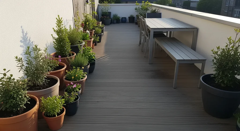 Terrasse étroite avec mobilier aligné et planches dans le sens de la marche