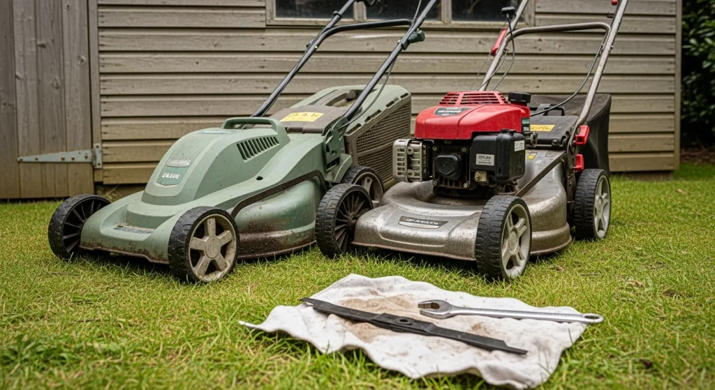 Tondeuse électrique et thermique côte à côte avec lame affûtée