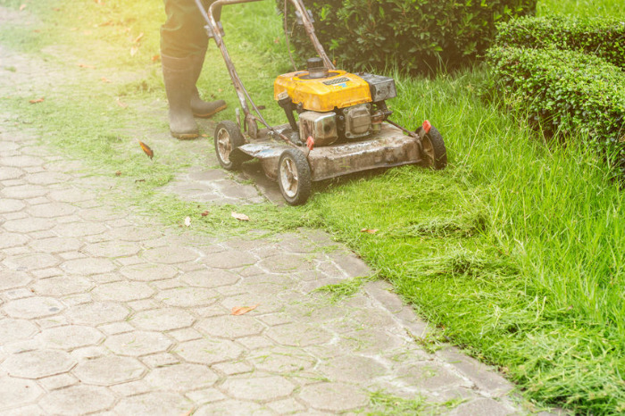 Personne utilisant une tondeuse thermique jaune en bordure d'allée pavée