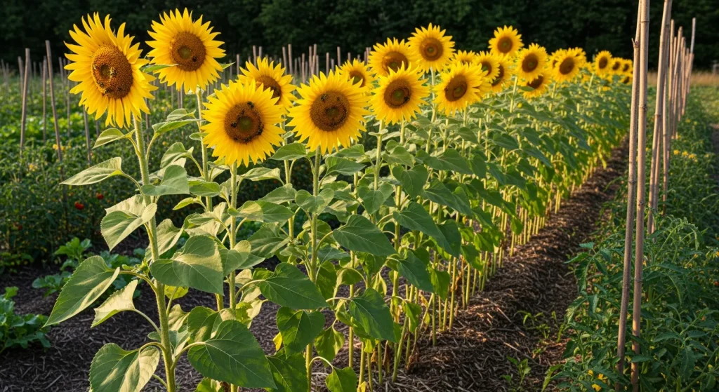 Grand tournesol jaune avec cœur sombre, abeilles en visite