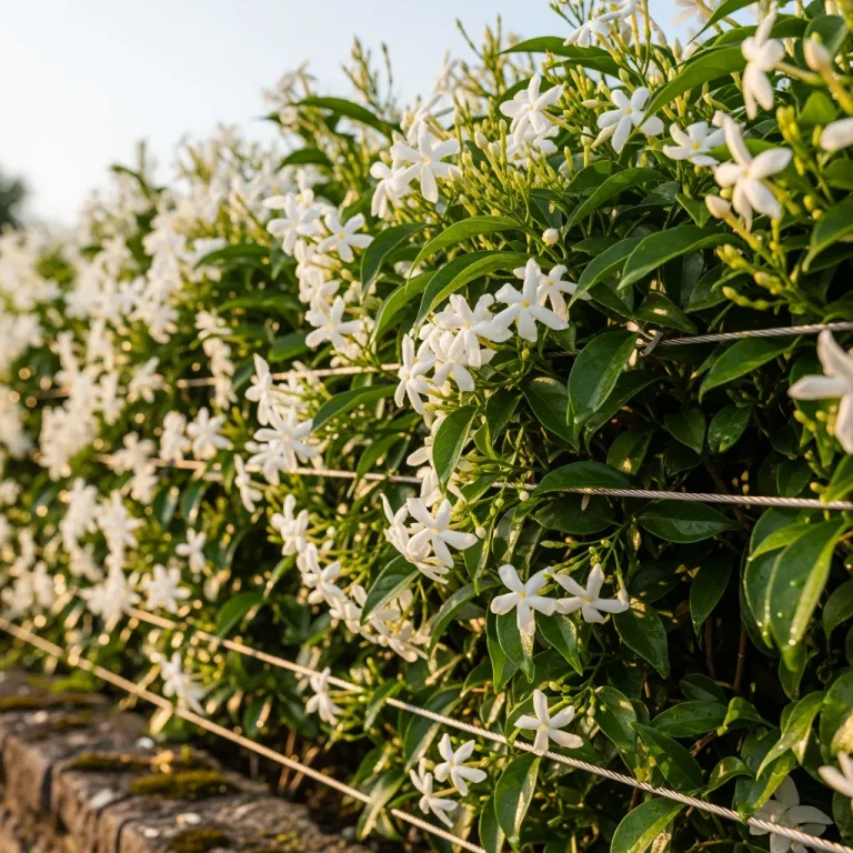 Jasmin étoilé fleuri formant un rideau blanc sur mur ensoleillé