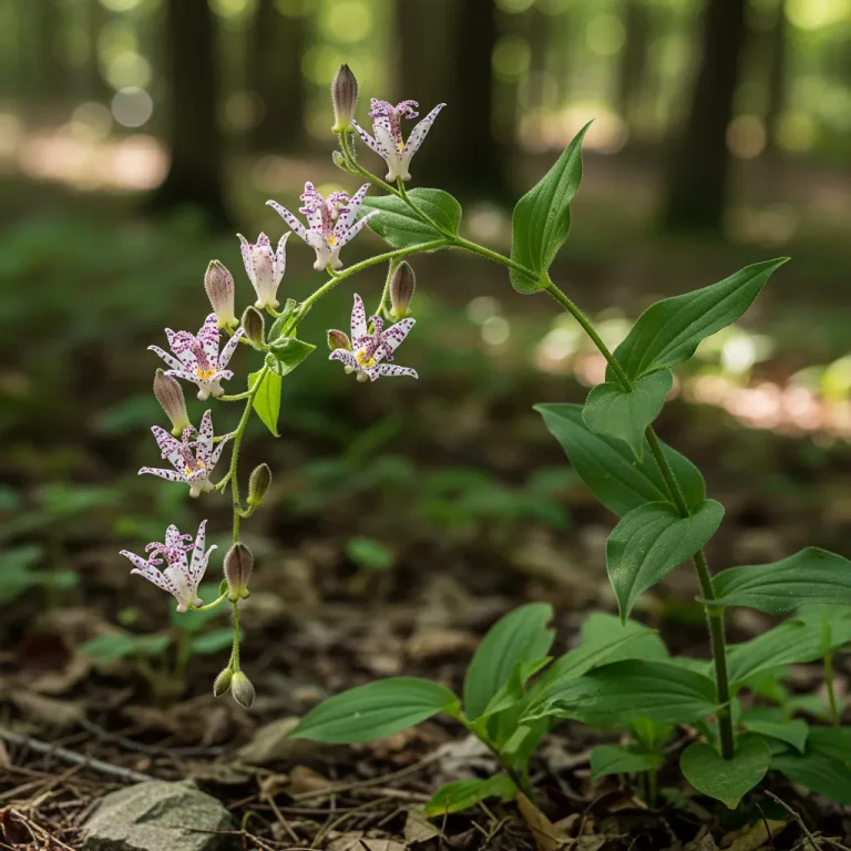 Fleurs tachetées de tricyrtis blanc et pourpre en sous-bois