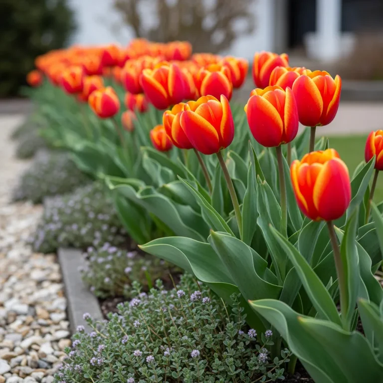 Tulipes rouges et orange au-dessus d’un feuillage vert bleuté