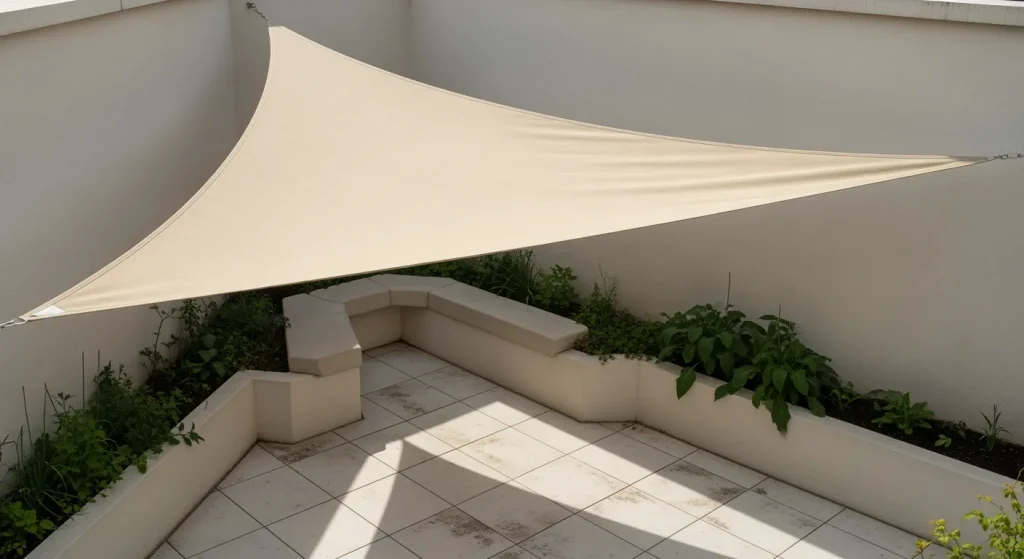 Voile d’ombrage triangle tendu au-dessus d’un coin détente
