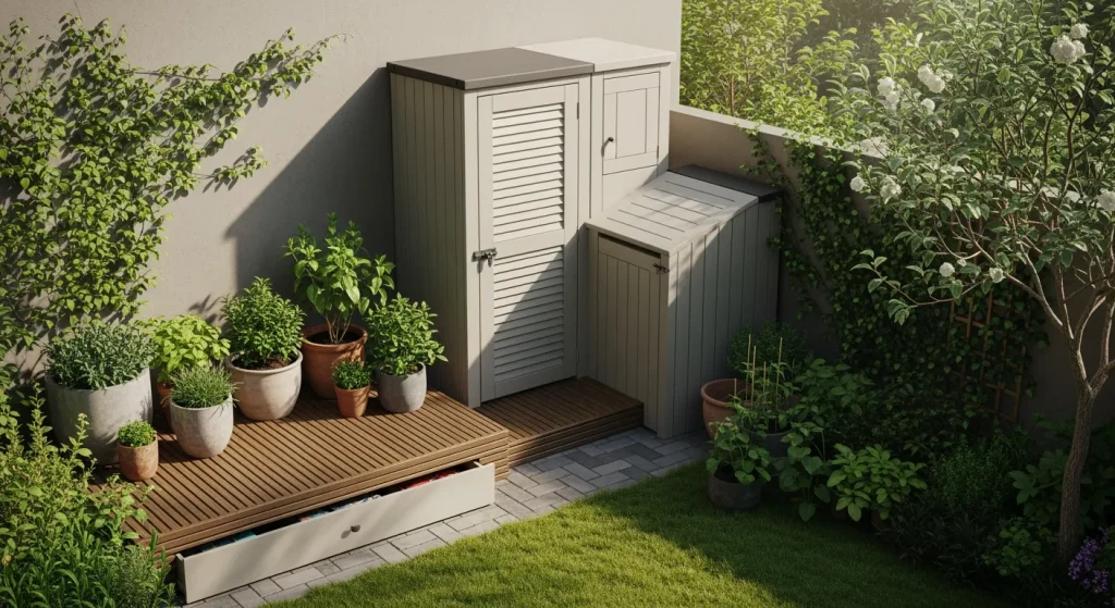 Abri étroit et cache-poubelles peints ton mur dans un jardin
