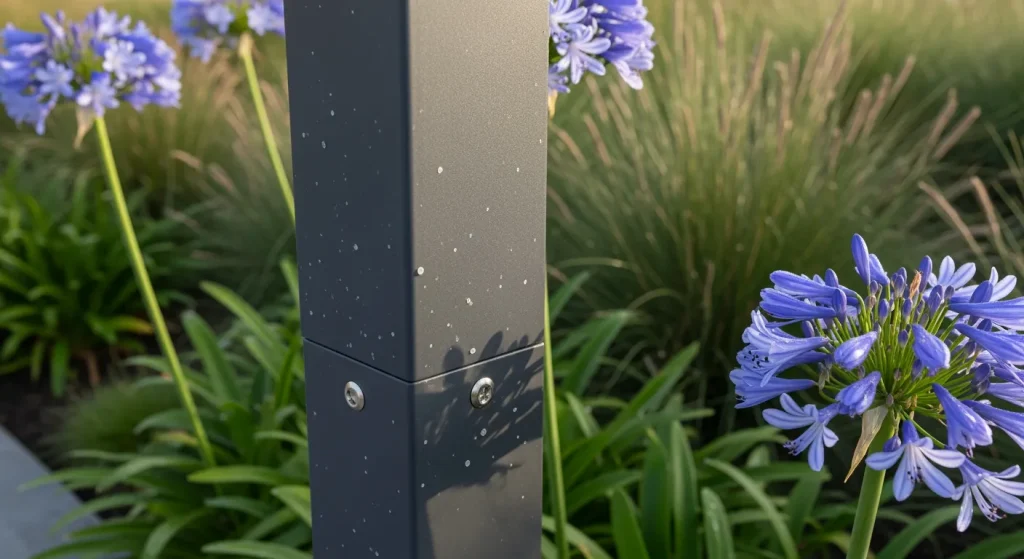 Poteau de pergola aluminium thermolaqué anthracite en jardin côtier