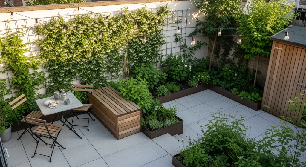 Petit jardin aménagé avec zones, treillis et mobilier modulable