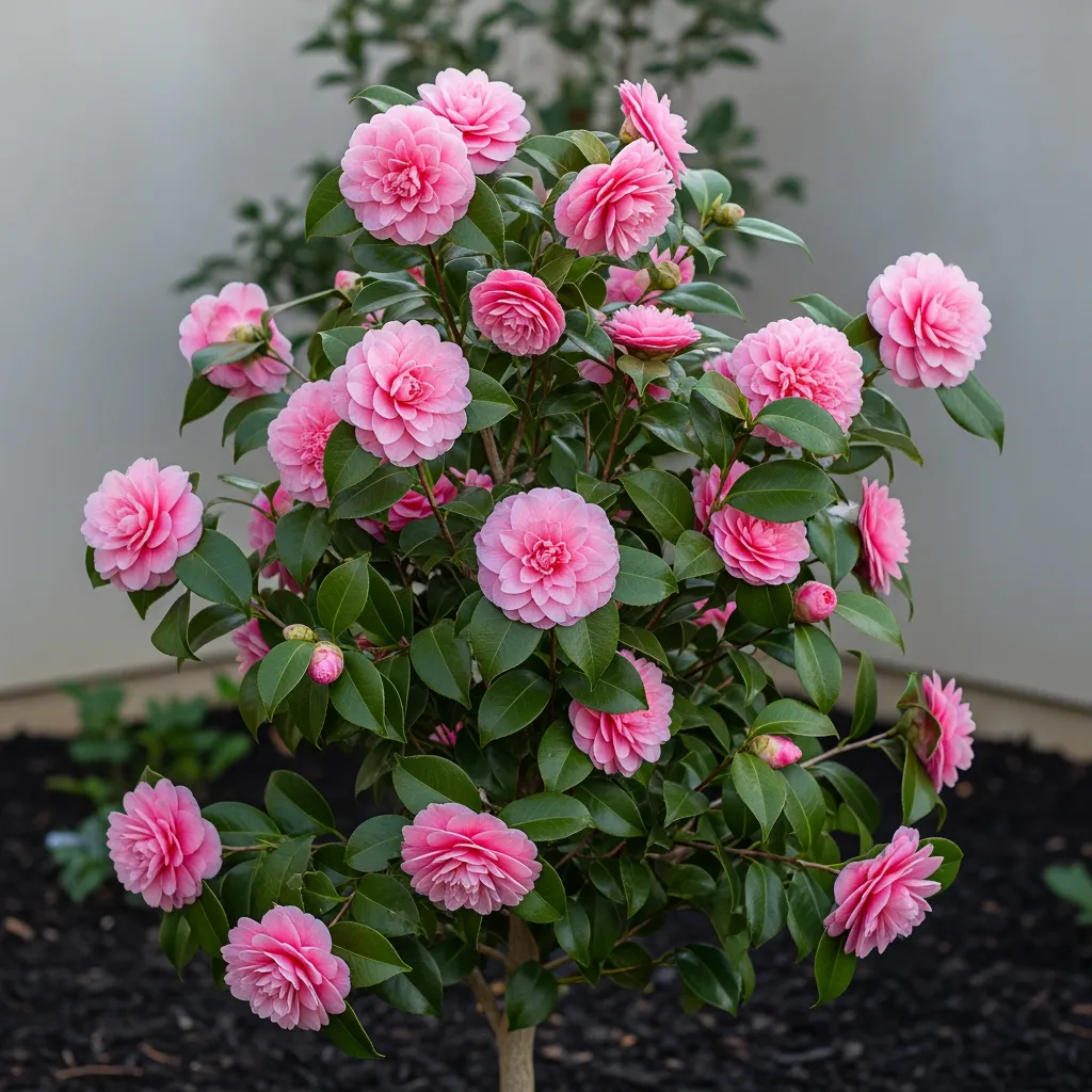 Grandes fleurs roses de camélia sur feuillage lustré